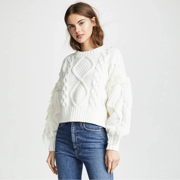 Revolve Line & Dot White Chunky Cable Knit Sweater Fringe Round Neck Sz XS or S - Picture 4 of 9